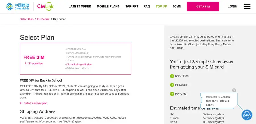 CMLink英国电话卡免费包邮领取 | 支持中国移动网络漫游 中国移动CMLink英国电话卡