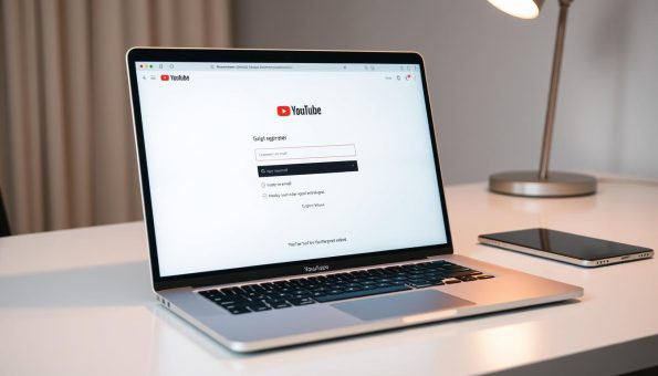 A bright, clean-looking YouTube registration page displayed on a modern laptop screen. The laptop is placed on a minimalist, white desk, with a touch of warm lighting from a desk lamp in the background. The page shows a simple, intuitive registration form with fields for username, email, password, and other essential details. The overall aesthetic is sleek, professional, and inviting, reflecting the user-friendly nature of the YouTube platform. A bright, clean-looking YouTube registration page displayed on a modern laptop screen. The laptop is placed on a minimalist, white desk, with a touch of warm lighting from a desk lamp in the background. The page shows a simple, intuitive registration form with fields for username, email, password, and other essential details. The overall aesthetic is sleek, professional, and inviting, reflecting the user-friendly nature of the YouTube platform.