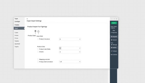 A detailed, high-quality technical diagram of the WooCommerce product import settings interface. The foreground shows the main configuration panel with toggles, dropdown menus, and input fields for managing product import options. The middle ground depicts product data fields and mapping controls. The background showcases a subtle grid pattern reminiscent of a WordPress admin area, with muted tones and gentle highlights to establish a professional, clean aesthetic. The lighting is soft and diffused, with slight shadows adding depth and dimension to the UI elements. The overall mood is one of functionality and efficiency, suitable for illustrating a technical tutorial on WordPress multilingual setups. A detailed, high-quality technical diagram of the WooCommerce product import settings interface. The foreground shows the main configuration panel with toggles, dropdown menus, and input fields for managing product import options. The middle ground depicts product data fields and mapping controls. The background showcases a subtle grid pattern reminiscent of a WordPress admin area, with muted tones and gentle highlights to establish a professional, clean aesthetic. The lighting is soft and diffused, with slight shadows adding depth and dimension to the UI elements. The overall mood is one of functionality and efficiency, suitable for illustrating a technical tutorial on WordPress multilingual setups.