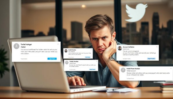 A detailed, high-resolution image of common registration issues for a Twitter account. The foreground depicts a person sitting at a desk, laptop open, frowning in frustration. The middle ground shows various error messages and notifications on the screen, such as "Account Verification Failed" and "Invalid Phone Number". The background depicts a stylized Twitter logo and a blurred city skyline, conveying the modern, tech-savvy atmosphere. The lighting is soft and natural, with warm tones. The camera angle is slightly elevated, creating a sense of empathy and understanding for the user's struggles. The overall mood is one of problem-solving and determination to overcome the challenges of setting up a new social media account. A detailed, high-resolution image of common registration issues for a Twitter account. The foreground depicts a person sitting at a desk, laptop open, frowning in frustration. The middle ground shows various error messages and notifications on the screen, such as "Account Verification Failed" and "Invalid Phone Number". The background depicts a stylized Twitter logo and a blurred city skyline, conveying the modern, tech-savvy atmosphere. The lighting is soft and natural, with warm tones. The camera angle is slightly elevated, creating a sense of empathy and understanding for the user's struggles. The overall mood is one of problem-solving and determination to overcome the challenges of setting up a new social media account.