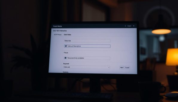 A dimly lit, modern software interface showcasing the Yoast SEO metadata settings. In the foreground, a desktop computer screen displays a clean, minimalist design with various input fields for meta title, description, focus keyword, and other SEO-related details. The middle ground features a keyboard and mouse, hinting at user interaction. The background subtly blurs out, creating a sense of depth and focus on the central screen. Warm, ambient lighting casts a soft glow, evoking a professional, efficiency-driven atmosphere. The overall composition emphasizes the importance of optimizing SEO metadata for improved online visibility and search engine ranking. A dimly lit, modern software interface showcasing the Yoast SEO metadata settings. In the foreground, a desktop computer screen displays a clean, minimalist design with various input fields for meta title, description, focus keyword, and other SEO-related details. The middle ground features a keyboard and mouse, hinting at user interaction. The background subtly blurs out, creating a sense of depth and focus on the central screen. Warm, ambient lighting casts a soft glow, evoking a professional, efficiency-driven atmosphere. The overall composition emphasizes the importance of optimizing SEO metadata for improved online visibility and search engine ranking.