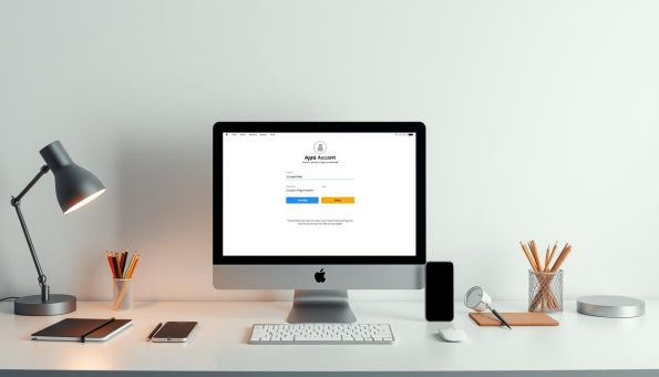 A minimalist, high-contrast image showcasing the step-by-step process of using an Apple account to register for an online service. The foreground features a clean, well-lit desktop workspace with a MacBook, iPhone, and various stationery items, creating a professional and authentic atmosphere. The middle ground depicts a stylized user interface on the MacBook screen, highlighting the key registration steps in a clear, intuitive manner. The background is a soft, muted gradient that allows the core subject to be the focal point. Warm lighting from a desk lamp casts a gentle glow, and the overall composition conveys a sense of efficiency, simplicity, and attention to detail. A minimalist, high-contrast image showcasing the step-by-step process of using an Apple account to register for an online service. The foreground features a clean, well-lit desktop workspace with a MacBook, iPhone, and various stationery items, creating a professional and authentic atmosphere. The middle ground depicts a stylized user interface on the MacBook screen, highlighting the key registration steps in a clear, intuitive manner. The background is a soft, muted gradient that allows the core subject to be the focal point. Warm lighting from a desk lamp casts a gentle glow, and the overall composition conveys a sense of efficiency, simplicity, and attention to detail.