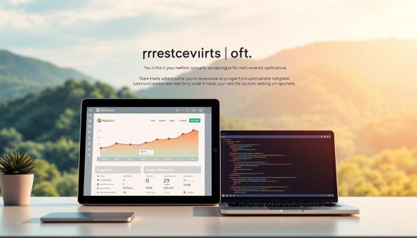 A modern website with a clean, responsive design showcasing performance optimization techniques. The foreground features a laptop screen displaying a web analytics dashboard, highlighting metrics like page load times, server response, and user engagement. In the middle ground, a development workstation with coding tools and optimization software. The background depicts a lush, natural landscape, symbolizing the harmonious balance between technology and the environment. Soft, warm lighting creates a serene, contemplative atmosphere, inviting the viewer to explore the intricacies of website optimization. The composition emphasizes the synergy between design, technology, and sustainability, reflecting the holistic approach to enhancing website performance and user experience. A modern website with a clean, responsive design showcasing performance optimization techniques. The foreground features a laptop screen displaying a web analytics dashboard, highlighting metrics like page load times, server response, and user engagement. In the middle ground, a development workstation with coding tools and optimization software. The background depicts a lush, natural landscape, symbolizing the harmonious balance between technology and the environment. Soft, warm lighting creates a serene, contemplative atmosphere, inviting the viewer to explore the intricacies of website optimization. The composition emphasizes the synergy between design, technology, and sustainability, reflecting the holistic approach to enhancing website performance and user experience.